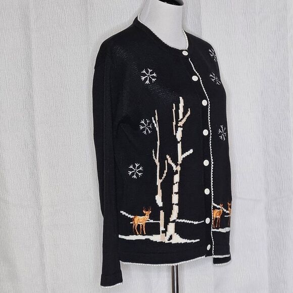 Terazzo Deer in Forest Black White Knit Button Front Christmas Cardigan Sweater - Picture 3 of 9